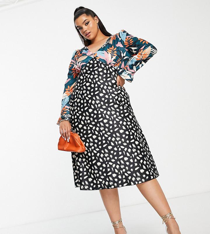 Little Mistress Plus Plunge Front Midi Tea Dress In Patchwork Floral And Spot Print-multi