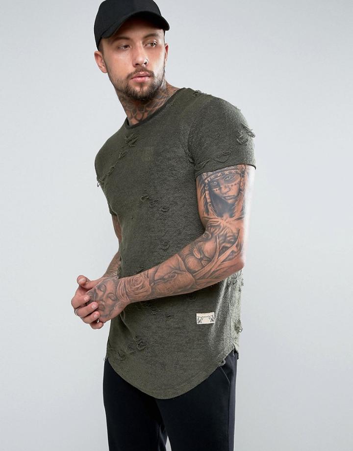 Siksilk T-shirt In Khaki With Curved Hem And Distressing - Green