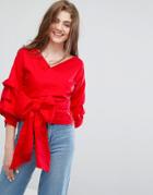 Willow And Paige Extreme Wrap Blouse With Layered Sleeves - Red