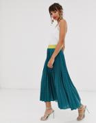 Closet Pleated Skirt In Teal Stripe Print - Blue