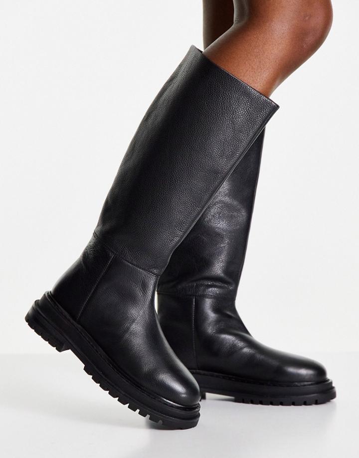 Asos Design Cameo Premium Leather Pull On Knee Boots In Black