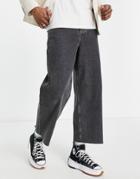 Asos Design Wide Crop Jeans In Washed Black With Raw Hem
