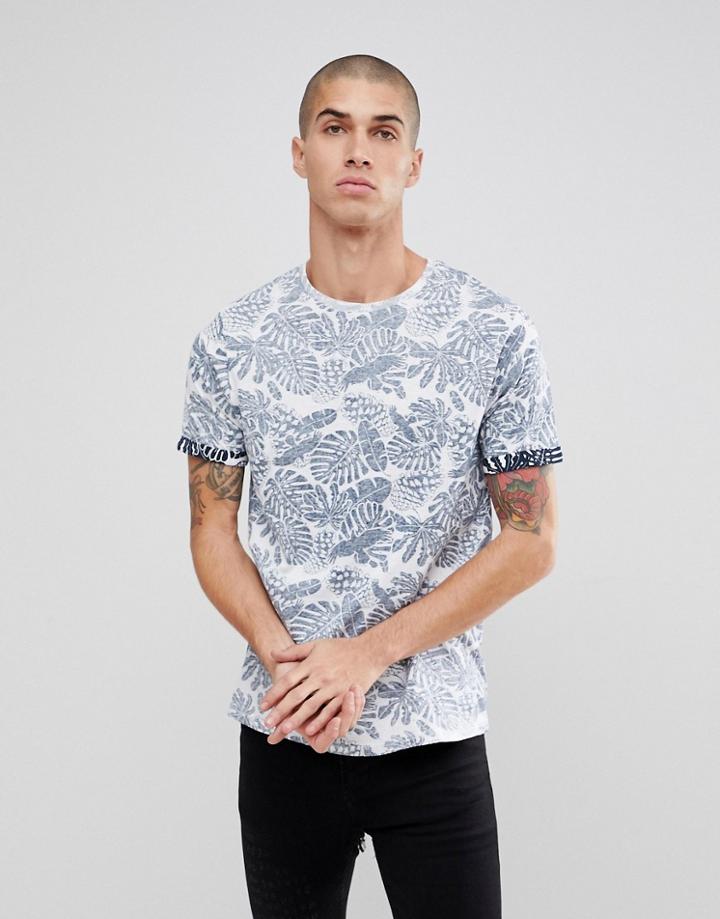 Brave Soul Fern Print T-shirt - Navy