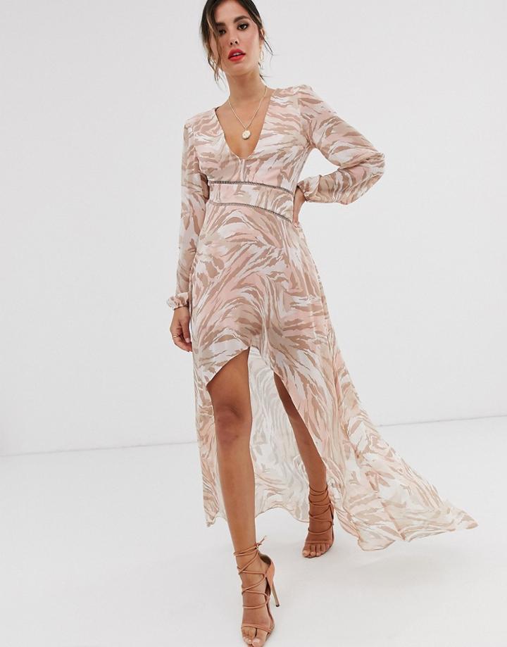Asos Design Midi Dress With Lace Trims In Soft Animal Print - Pink
