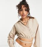 Missguided Petite Poplin Wrap Waist Crop Shirt In Sand-neutral