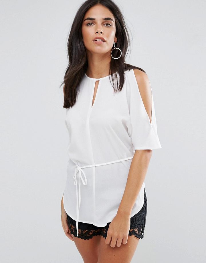 Ax Paris Cream Cold Shoulder Tie Waist Top - Cream