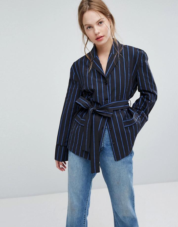 Plain Studios Wrap Front Blazer Shirt In Pin Stripe - Black