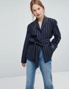 Plain Studios Wrap Front Blazer Shirt In Pin Stripe - Black