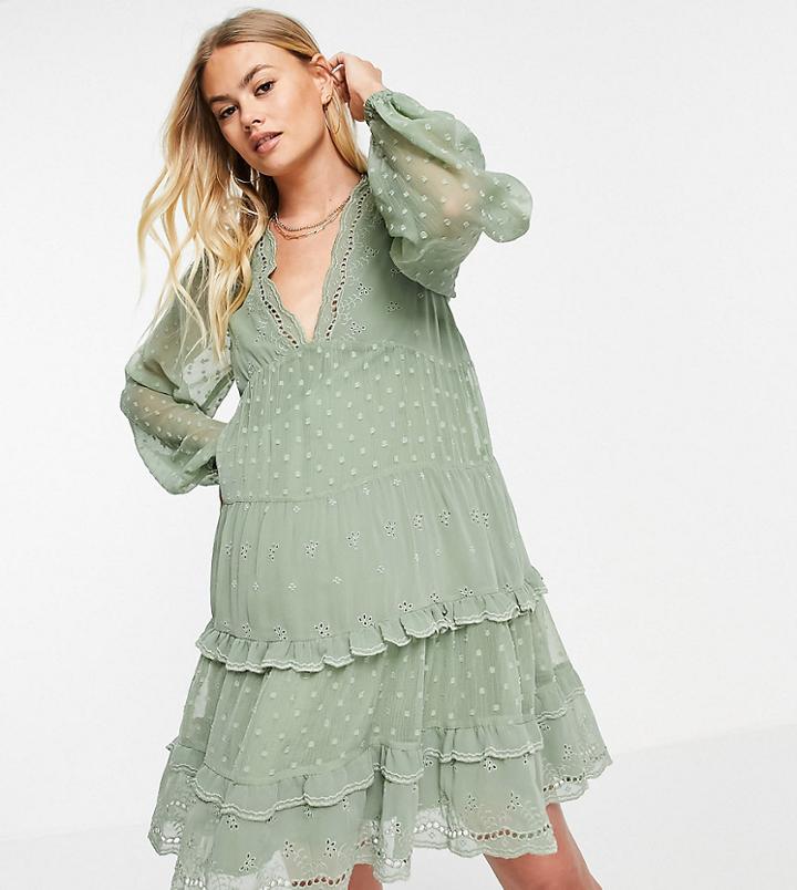 Asos Design Maternity Soft Tiered Mini Smock Dress In Mixed Texture In Khaki-green