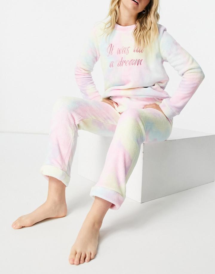 Brave Soul Sleep Tie Dye Fleece Louge Set In Rainbow-multi