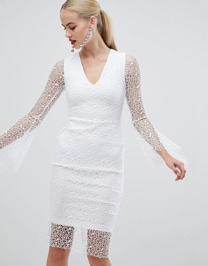 Vesper Allover Lace Pencil Dress With Fluted Sleeve In White - White