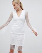 Vesper Allover Lace Pencil Dress With Fluted Sleeve In White - White