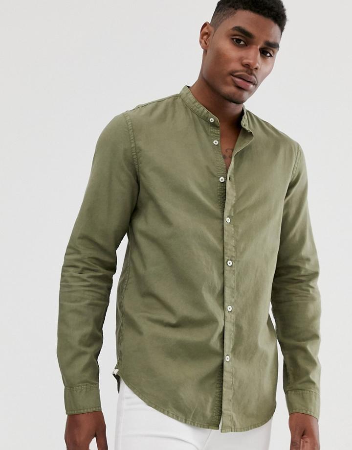 Bershka Grandad Collar Shirt In Khaki-green