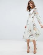 Hope & Ivy Long Sleeve Printed Dress With Lace Trim And Ruffle Open Back Detail - Multi