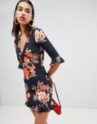 Boohoo Floral Ruffle Tie Waist Tea Dress - Multi