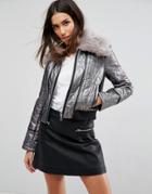 Urbancode Quilted Bomber Jacket With Faux Fur Trim - Silver