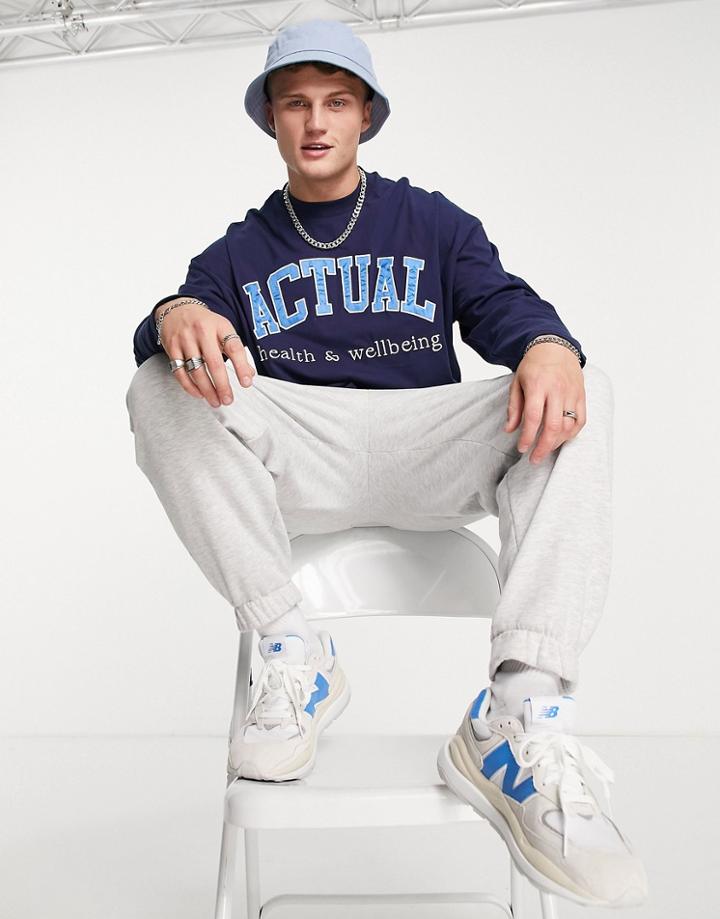 Asos Actual Oversized Long Sleeve T-shirt With Satin Applique Logo In Navy
