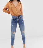 River Island Petite Amelie Skinny Jeans With Distressed Detail In Mid Wash - Blue