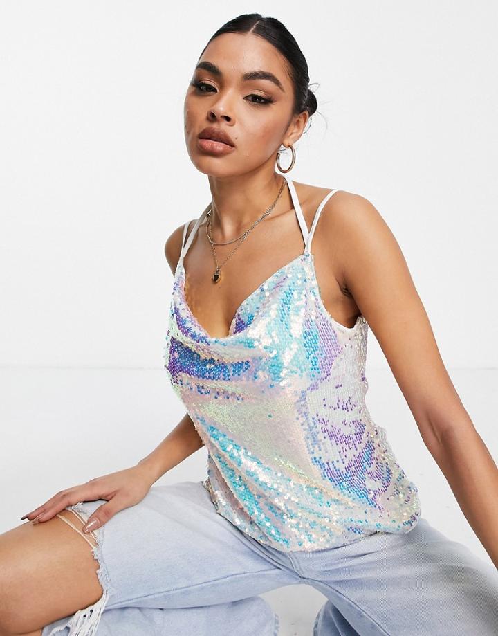 Love & Other Things Iridescent Sequin Top In Silver