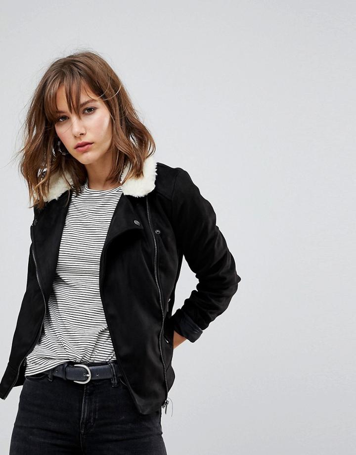 Jdy Faux Suede Biker Jacket With Fleece Collar - Black