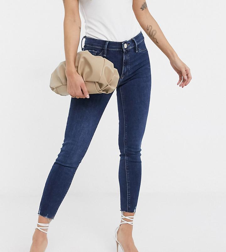 River Island Petite Molly Raw Hem Skinny Jeans In Dark Blue-blues