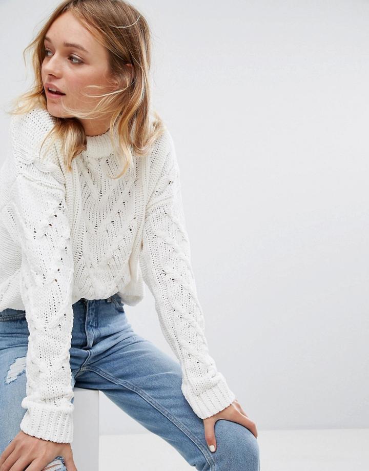Pull & Bear Chenille Cable Knitted Sweater - White