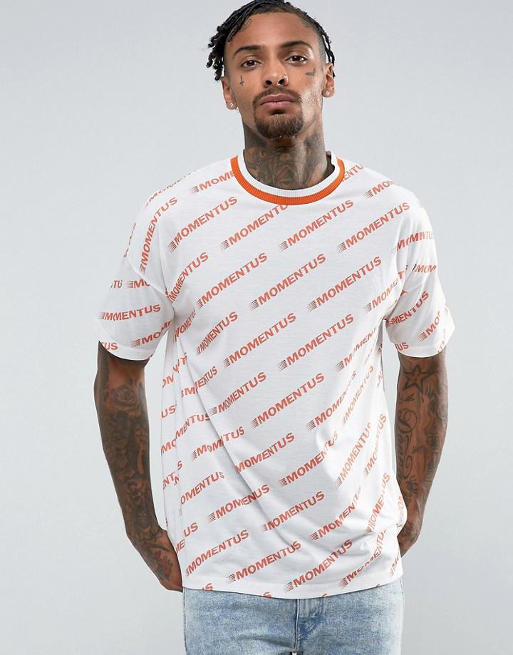 Asos Oversized T-shirt With All Over Momentous Text Print And Tipped Neck Trim - White