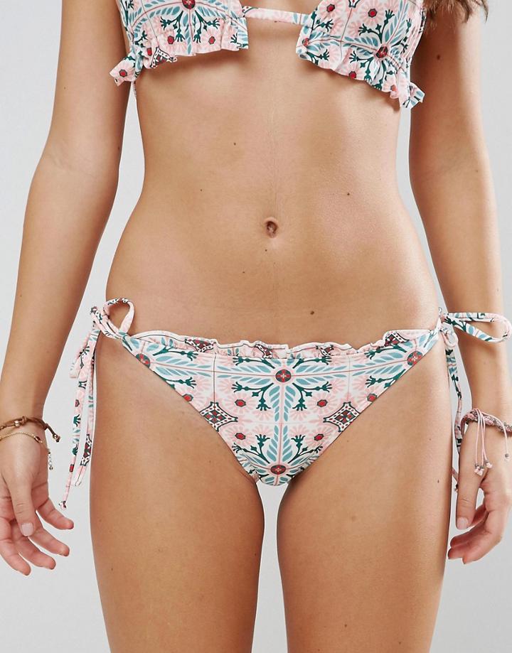 Asos Kahlo Tile Print Frill Tie Side Bikini Bottom - Multi