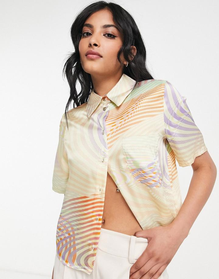 River Island Satin Printed Boxy Crop Shirt In Yellow