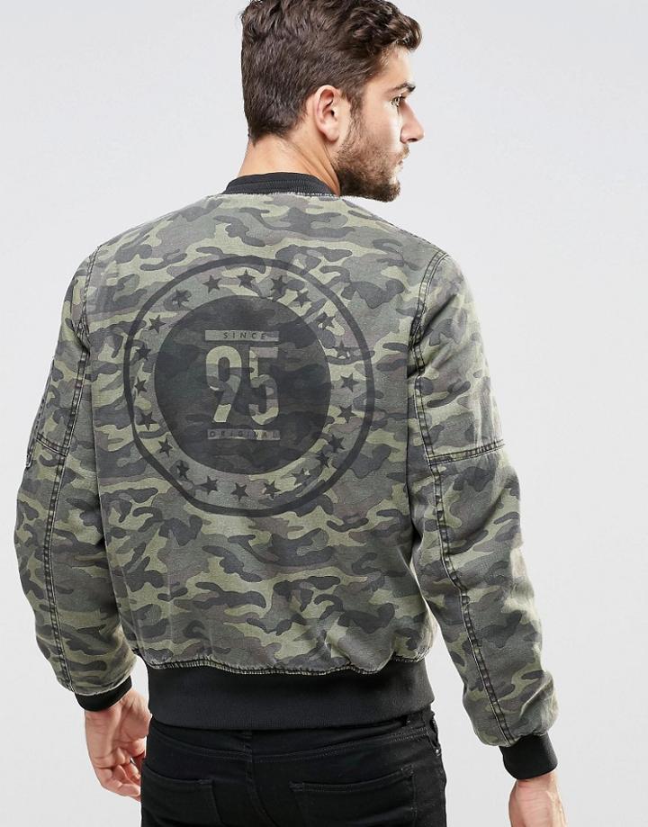 Asos Ma1 Bomber Jacket In Camo With Print - Green