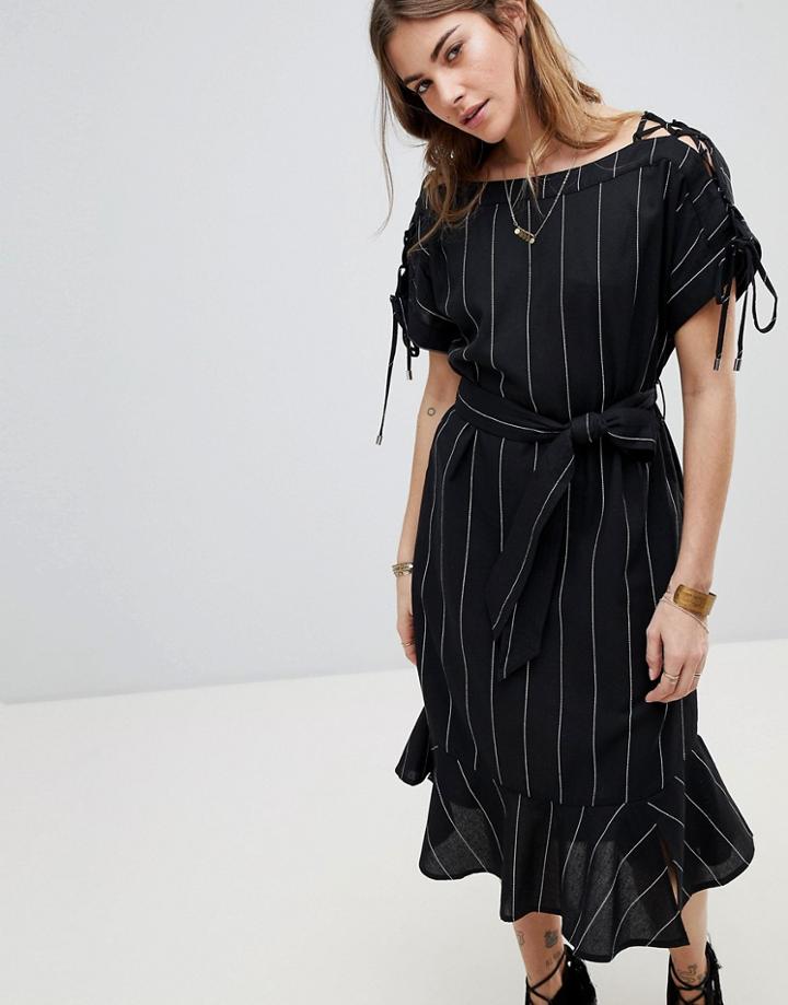 Moon River Stripe Linen Mix Dress - Navy