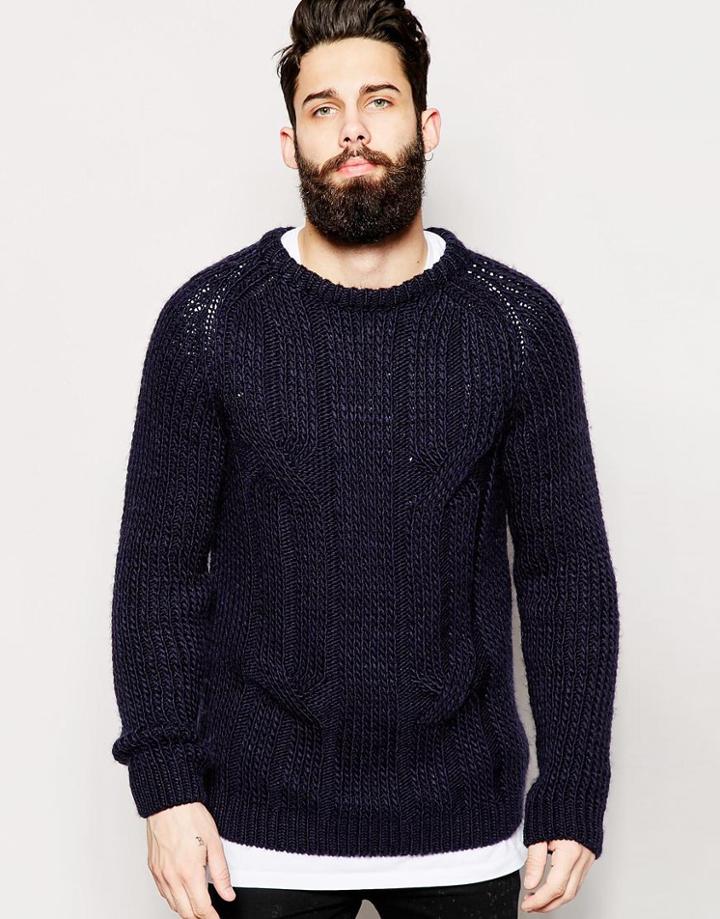 Asos Cable Knit Sweater - Navy