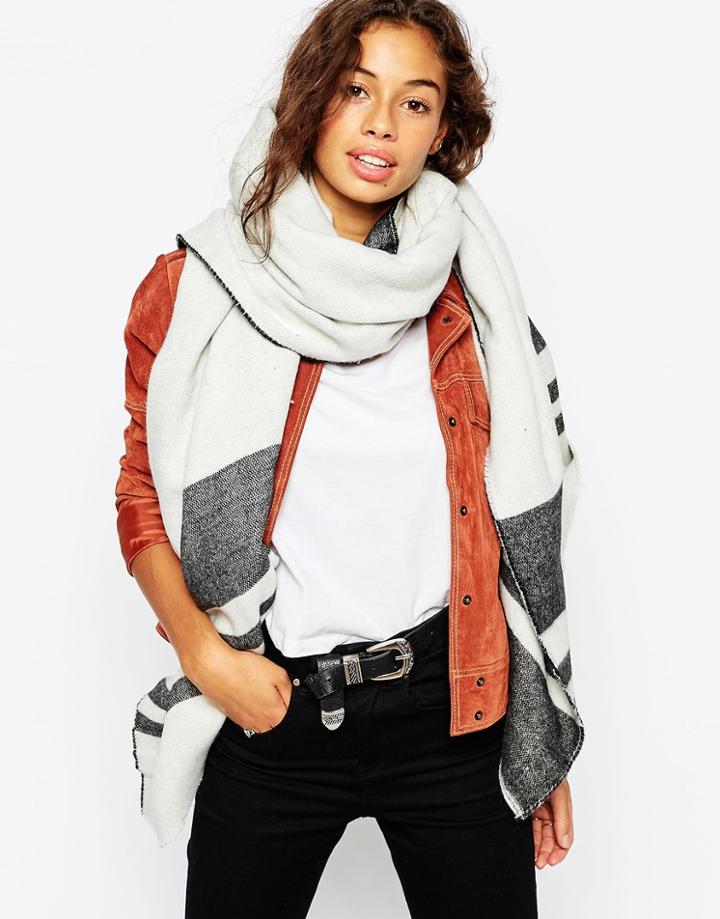 Asos Oversized Scarf In Reversible Stripe - Off White