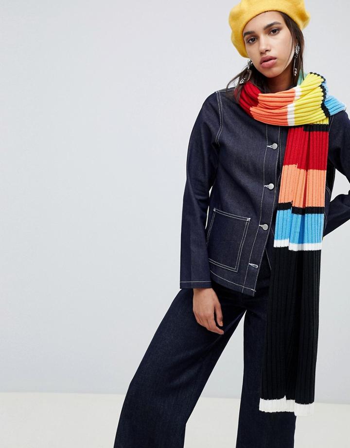 Asos Design Knitted Rib Scarf With Multi Rainbow Stripe - Multi