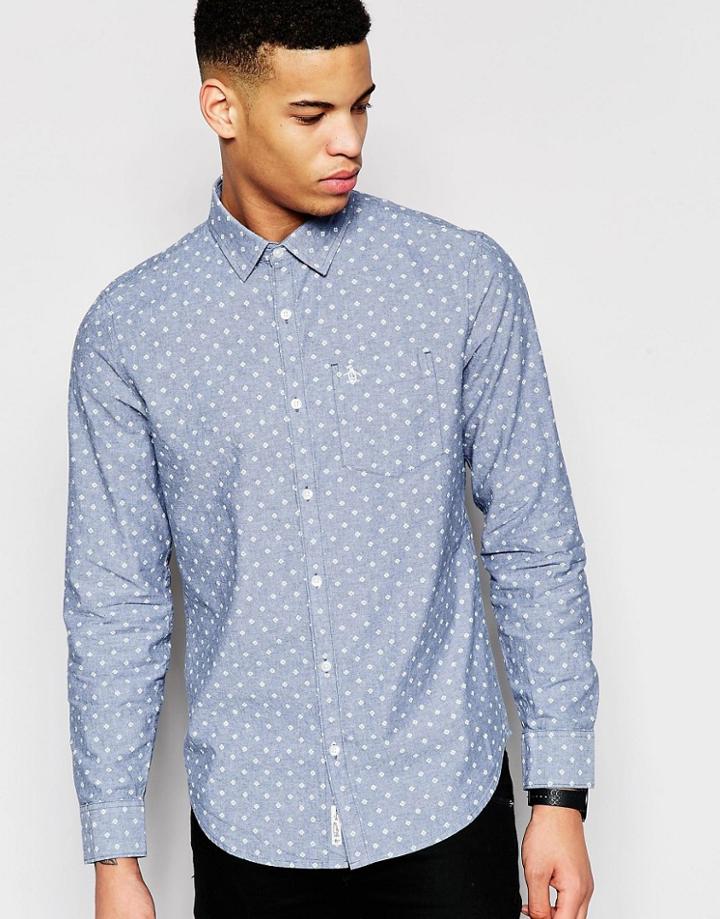 Original Penguin Elm Oxford Long Sleeved Shirt - Blue
