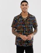 Asos Design Festival Regular Fit Shirt In Retro Print Burnout - Black