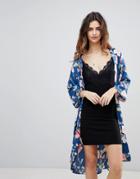 Crescent Floral Print Satin Kimono Jacket With Front Pockets - Navy