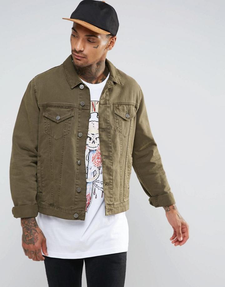 Asos Slim Denim Jacket In Khaki - Green