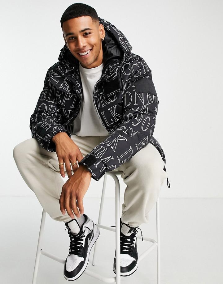 Jack & Jones Originals Printed Hooded Puffer Jacket In Black