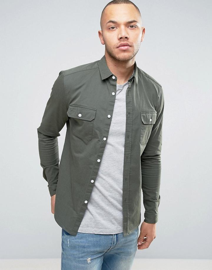 Asos Skinny Double Pocket Shirt In Khaki - Green