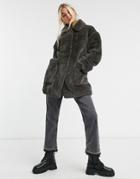 Topshop Faux-fur Coat In Charcoal-grey