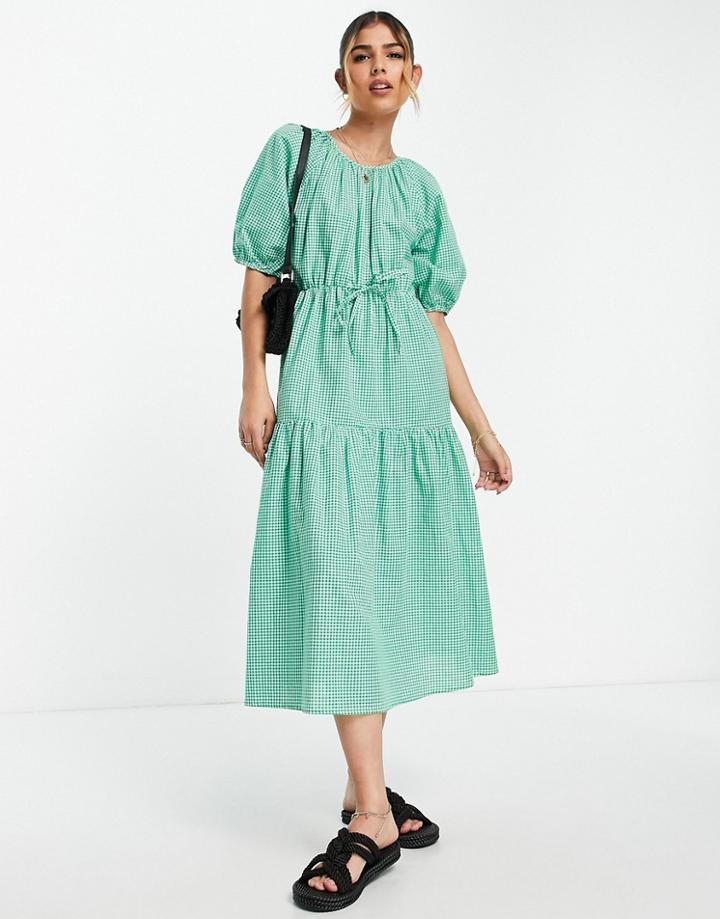 Influence Puff Sleeve Tiered Midi Dress In Green Gingham