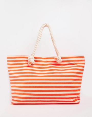 Buji Baja Canvas Stripe Beach Bag With Rope Handles - Neon Orange