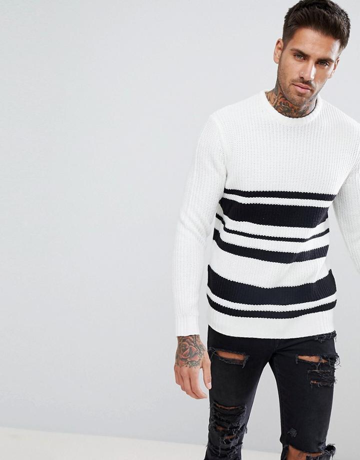 Bershka Textured Striped Sweater In White And Black - Multi
