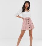 Asos Design Petite Linen Pleat Mini Skirt With Button Front And Pockets-pink