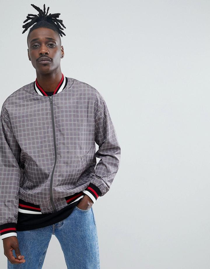 Asos Design Checked Bomber With Tipped Rib In Stone-brown