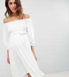 Asos Design Maternity Bardot Midi Dress With Belt - White