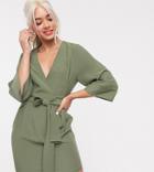 Asos Design Petite Kimono Sleeve V Neck Mini Pencil Dress-green