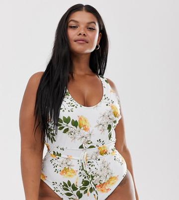 Peek & Beau Curve Exclusive Eco Scoop Swimsuit With Drawstring Channel Waist In Floral - Multi