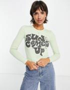 Damson Madder Cotton 70s Font Long Sleeve Sun Tee In Sage - Lgreen